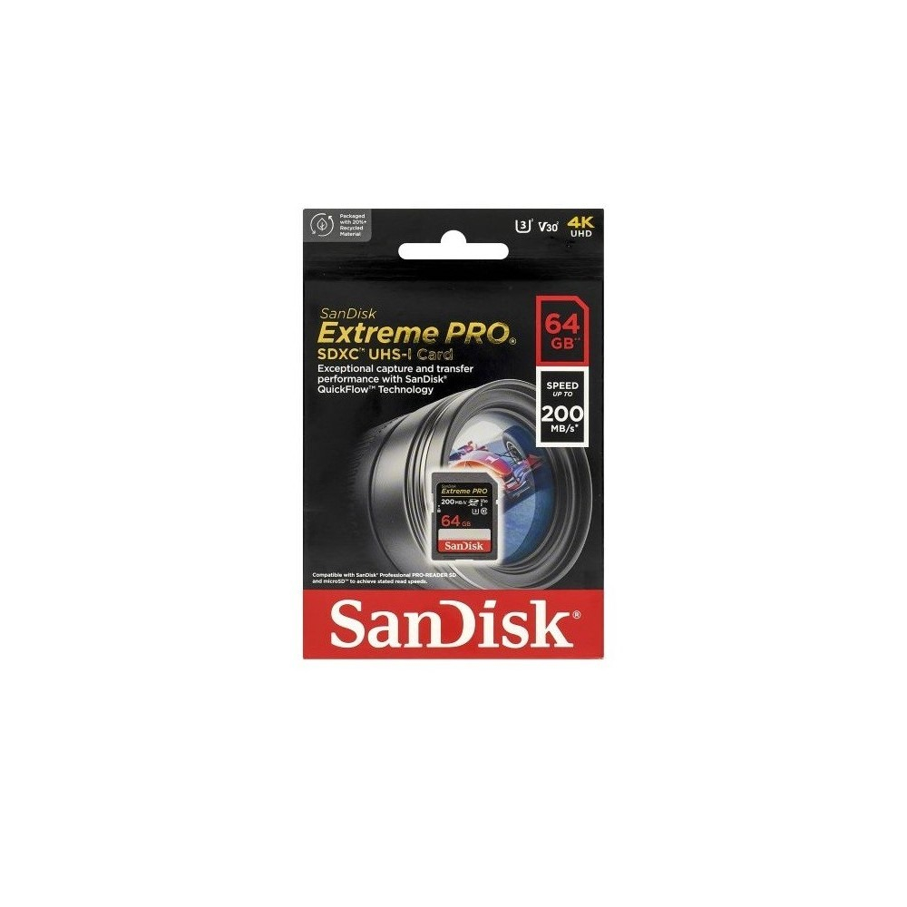 Tarjeta SD SanDisk Extreme PRO 64GB SDXC UHS-I Hasta 200 Mb/s C10,U3,V30