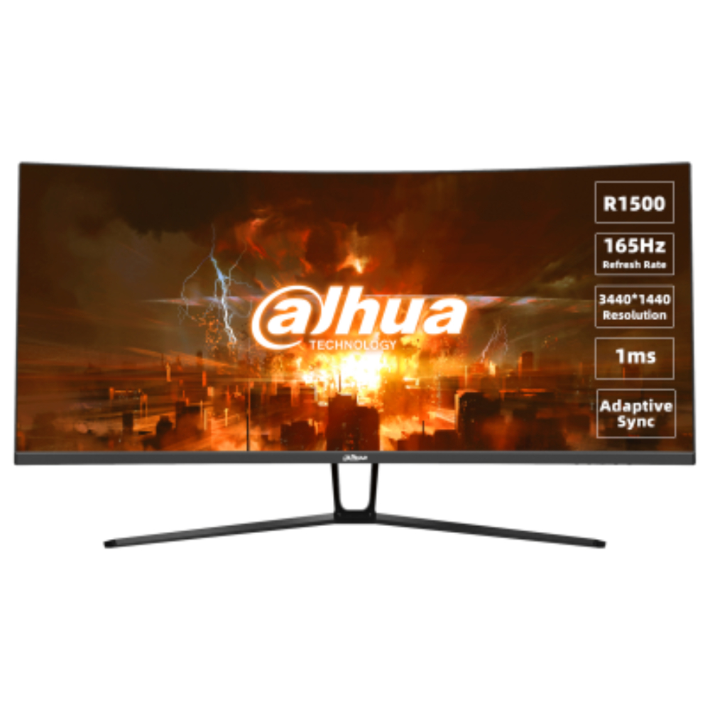 Monitor Dahua Curvo Gamer 34” Panel VA, Color Negro / Compatible con VESA 75x75mm, borde delgado 3 caras, Resolución: 3440*1440 4K (21:9),Tipo de respuesta: MPRT 1ms / tasa de refresco 165 HZ R1500, Conectividad: 2*DP 1,4 / 2* HDMI 2,0 / 1*Audio Out (Incluye cable HDMI),Angulo de visión: 178° H / 178°V, Incluye Base Metálica ajustable, Garantia