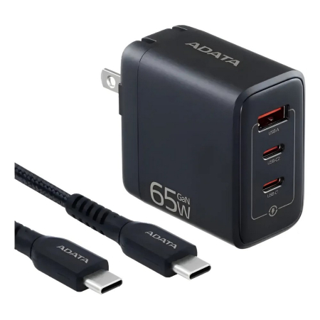 CARGADOR 65W NEGRO - 2 PUERTOS USB TYPE C- 1 PUERTO USB TYPE A + CABLE 2METROS TYPE C